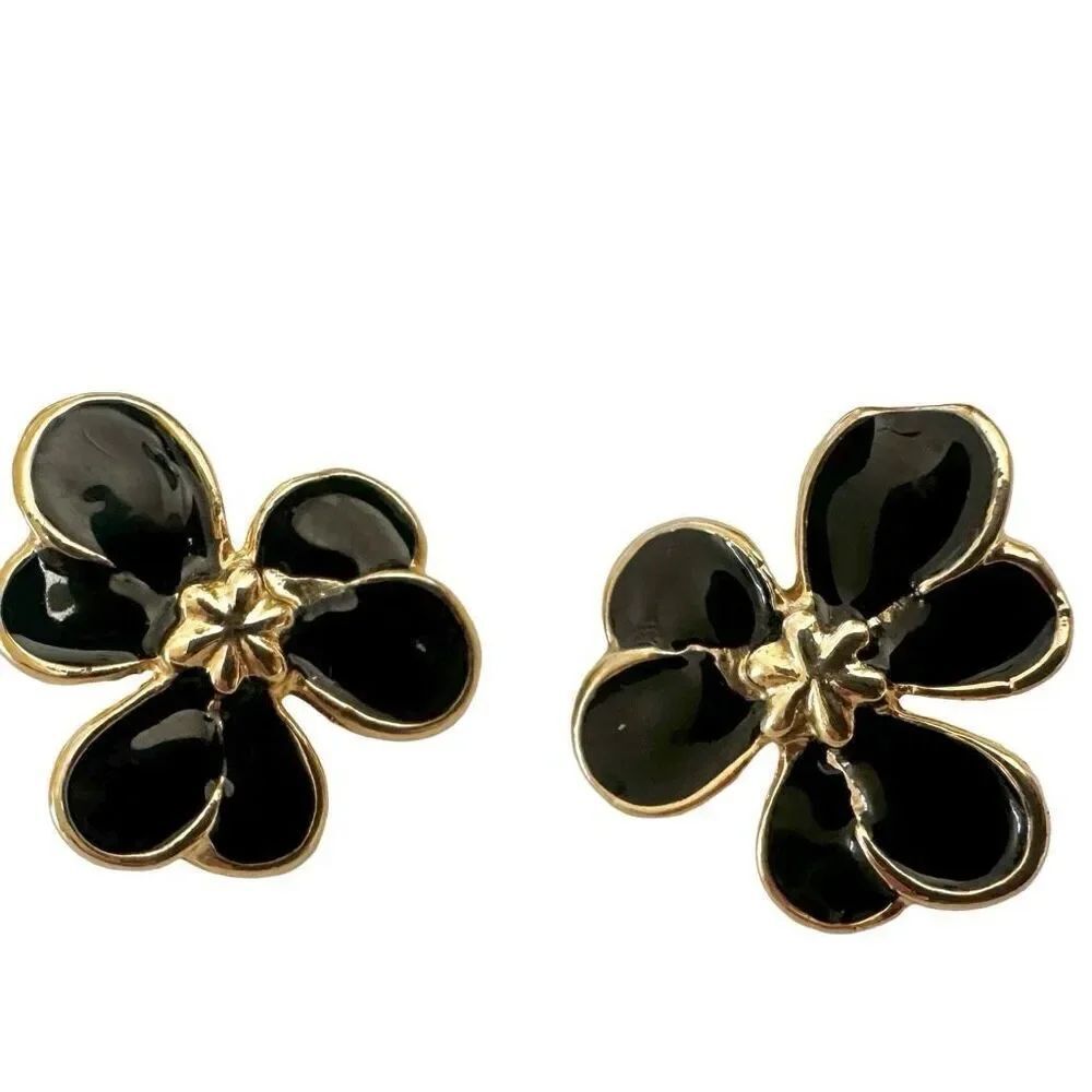 Black enamel gold tone flower post earrings
